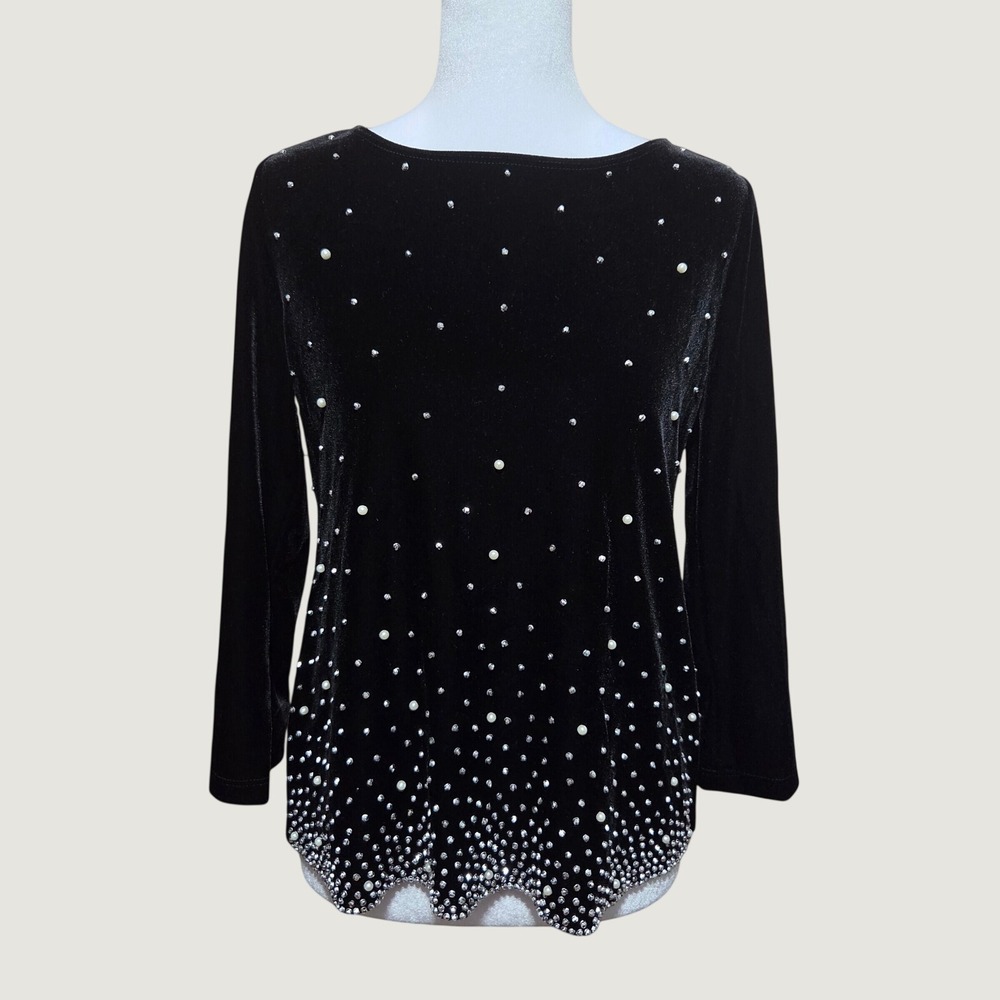 Chico's Travelers Black Velvet Pearl Rhinestone Scallop Hem Top 0P Petite